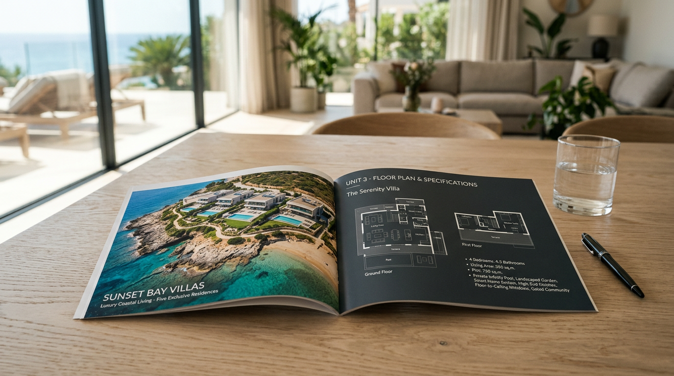 Property brochure on villa viewing table